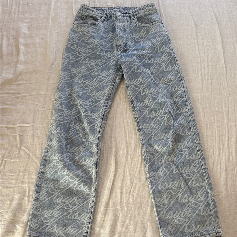 Ksubi Script Print Straight-Leg Jeans – Light Wash Denim